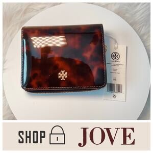 NEW $198 Tory Burch Emerson Bi-Fold Zipper Patent Wallet Tortoise Onyx Exotic